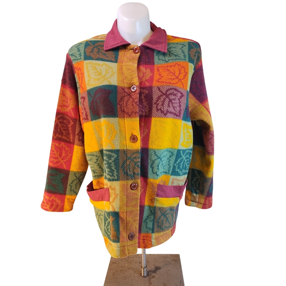 VTG Cityscape Fleece Jacket Patchwork Fall Cottagecore Leaf Womens LG Multicolor